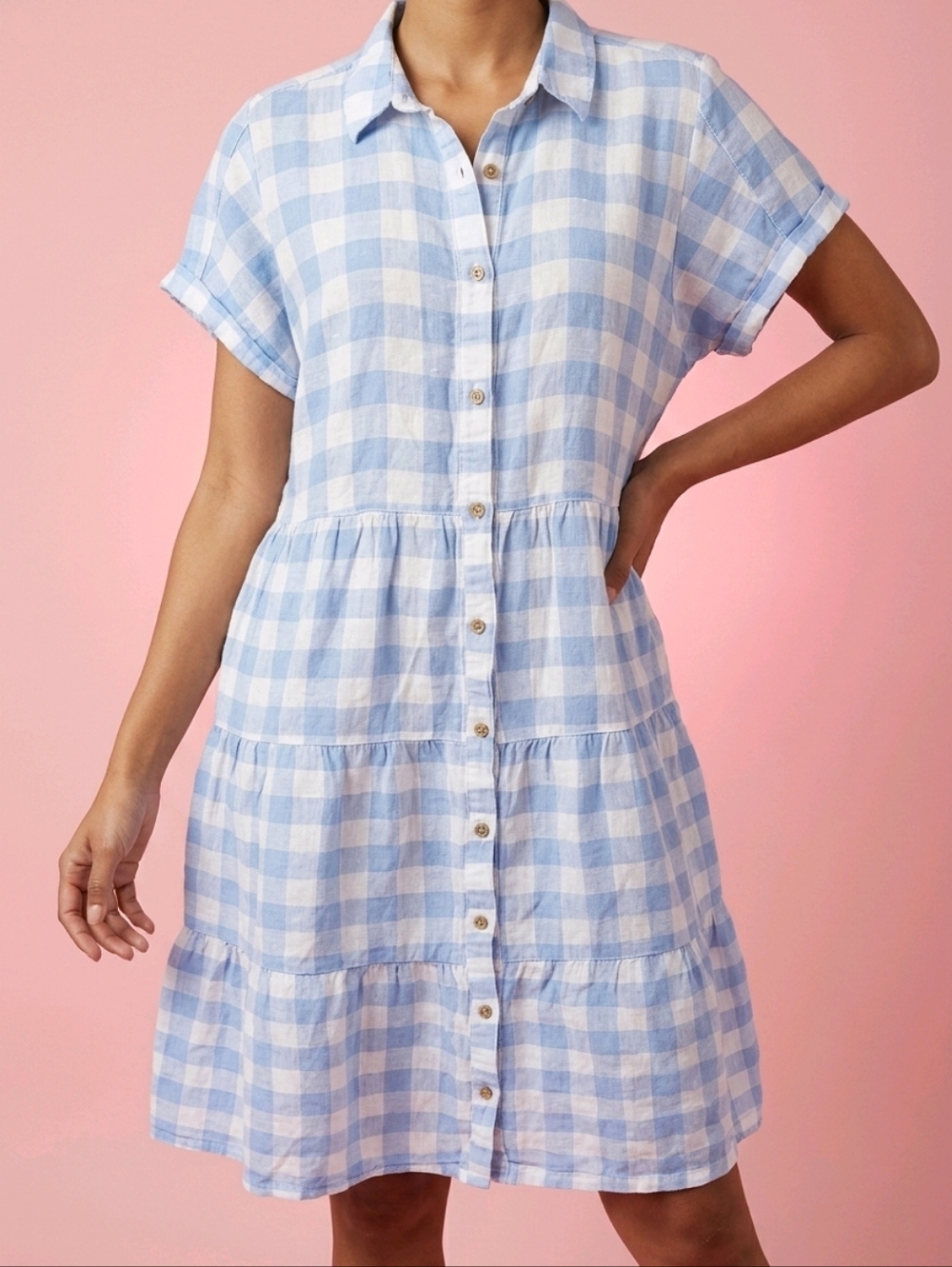 Isaac Mizrahi Blue and White 100% Linen Gingham Midi Dress Medium